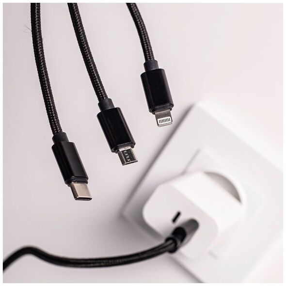 Maxlife 3in1 cable USB - Lightning + USB-C + microUSB 1,0 m 2,1A black nylon 5900495758200