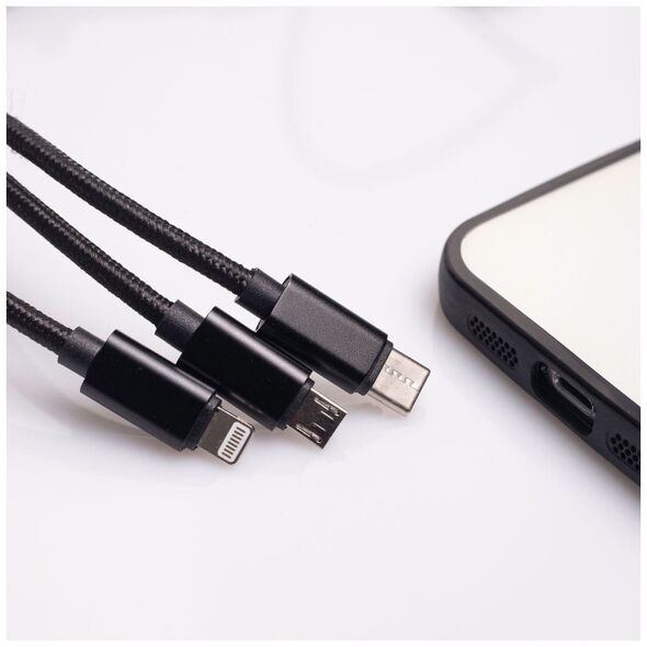 Maxlife 3in1 cable USB - Lightning + USB-C + microUSB 1,0 m 2,1A black nylon 5900495758200