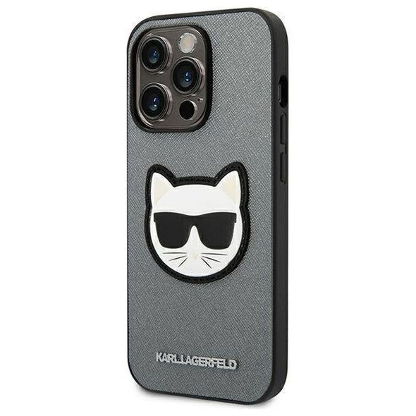Original Case IPHONE 14 PRO Karl Lagerfeld Hardcase Saffiano Choupette Head Patch silver 3666339077013
