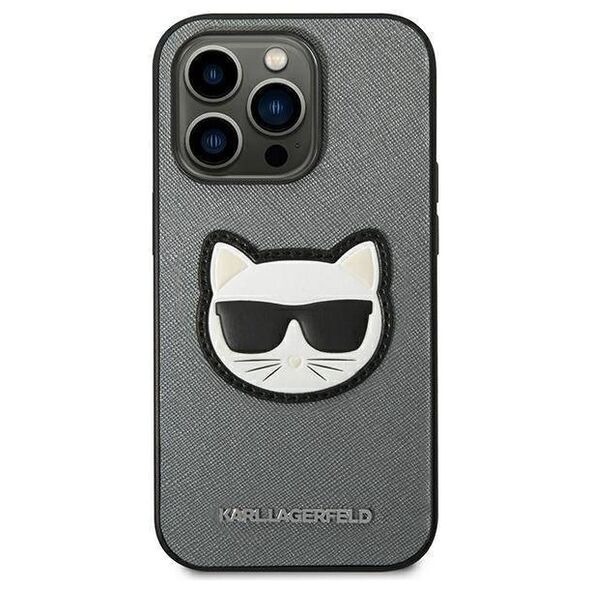 Original Case IPHONE 14 PRO Karl Lagerfeld Hardcase Saffiano Choupette Head Patch silver 3666339077013