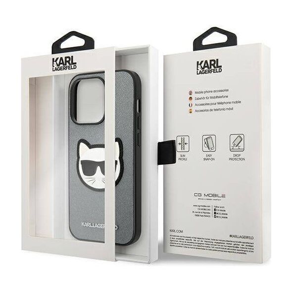 Original Case IPHONE 14 PRO Karl Lagerfeld Hardcase Saffiano Choupette Head Patch silver 3666339077013