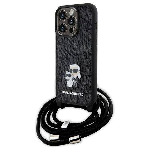 Original Case APPLE IPHONE 15 PRO Karl Lagerfeld Hardcase Crossbody Saffiano Metal Pin Karl & Choupette (KLHCP15LSAKCPSK) black 3666339165772