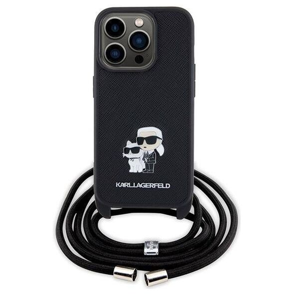 Original Case APPLE IPHONE 15 PRO Karl Lagerfeld Hardcase Crossbody Saffiano Metal Pin Karl & Choupette (KLHCP15LSAKCPSK) black 3666339165772