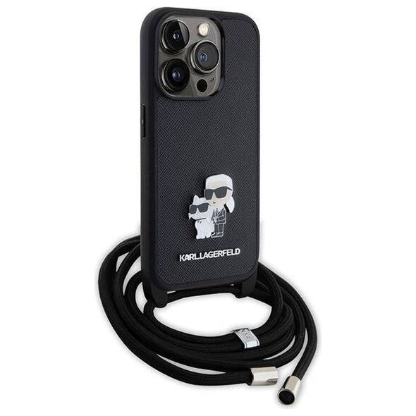 Original Case APPLE IPHONE 15 PRO Karl Lagerfeld Hardcase Crossbody Saffiano Metal Pin Karl & Choupette (KLHCP15LSAKCPSK) black 3666339165772
