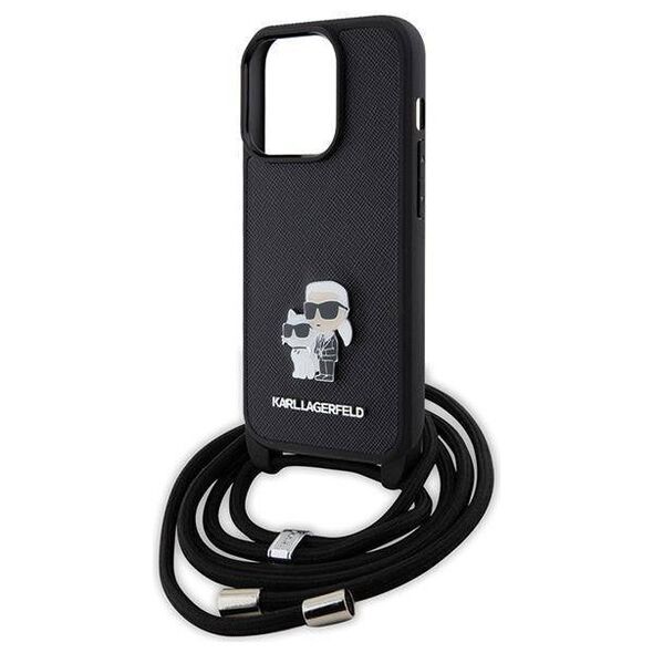 Original Case APPLE IPHONE 15 PRO Karl Lagerfeld Hardcase Crossbody Saffiano Metal Pin Karl & Choupette (KLHCP15LSAKCPSK) black 3666339165772