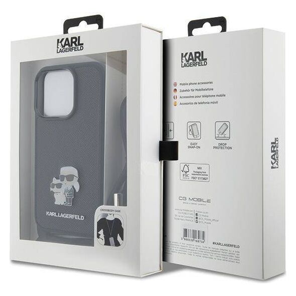 Original Case APPLE IPHONE 15 PRO Karl Lagerfeld Hardcase Crossbody Saffiano Metal Pin Karl & Choupette (KLHCP15LSAKCPSK) black 3666339165772