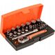 Bahco Galvučių, terkšlės ir priedų rinkinukas 4-13mm, antgaliai PH,HEX,TORX 1/4" 25vnt blisteryje. Bahco