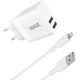 Wave φορτιστής πρίζας 2 x USB + Lightning καλώδιο, 17W, λευκό
