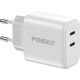 FoneKit GaN PD 65W AC power adapter, USB-C + USB-C, white